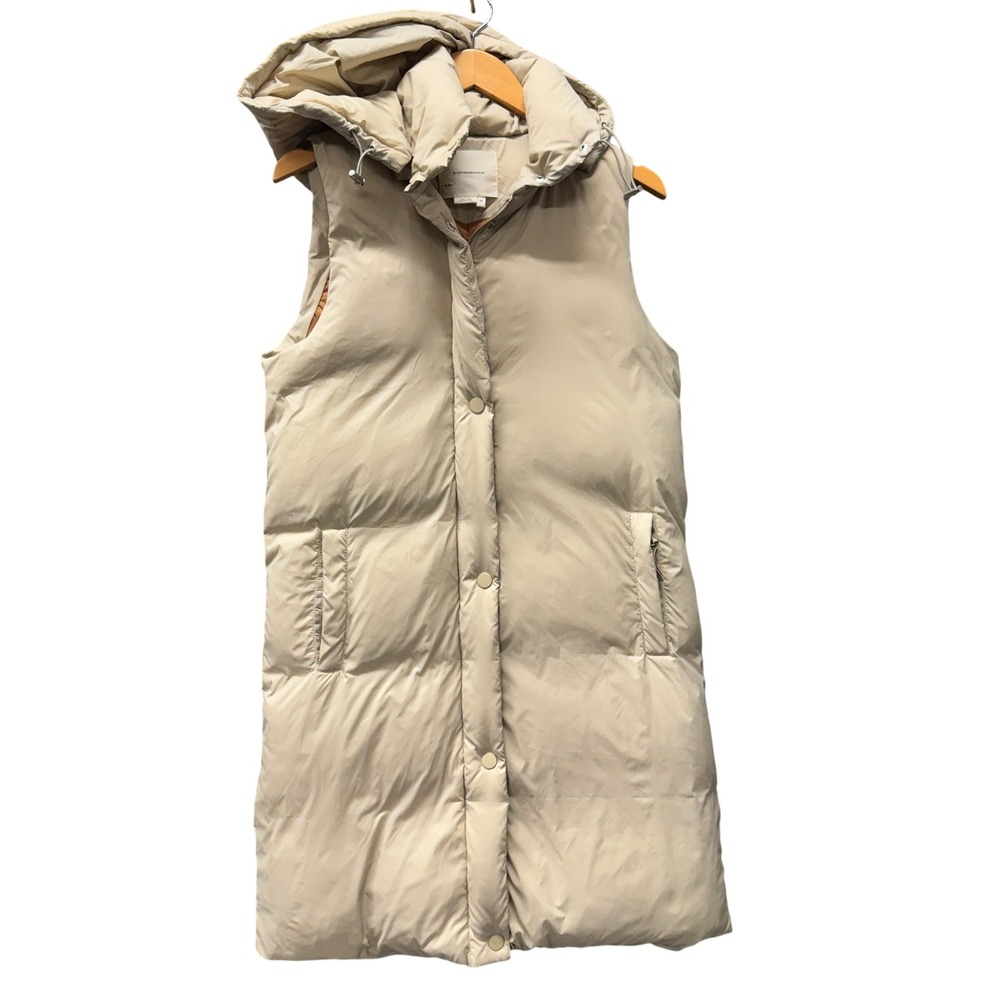 Anthropologie Down Puffer Vest Womens XS Long Cream Jacket Removable Hood COMFY